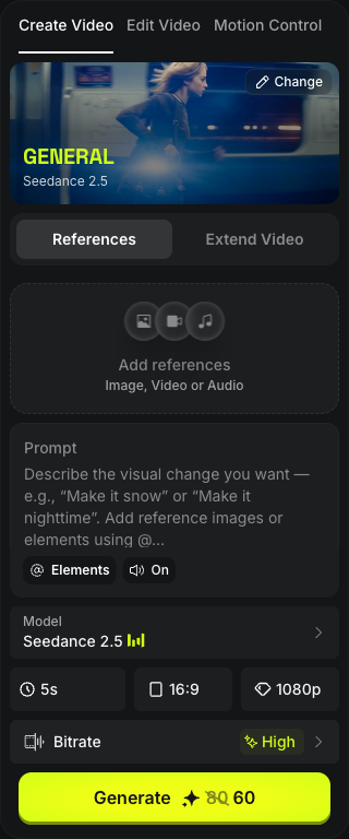 The Higgsfield window, Video section: the Create Video tab, the Add references block, the Prompt field, the Model row, the length, aspect ratio and quality buttons, the Generate button