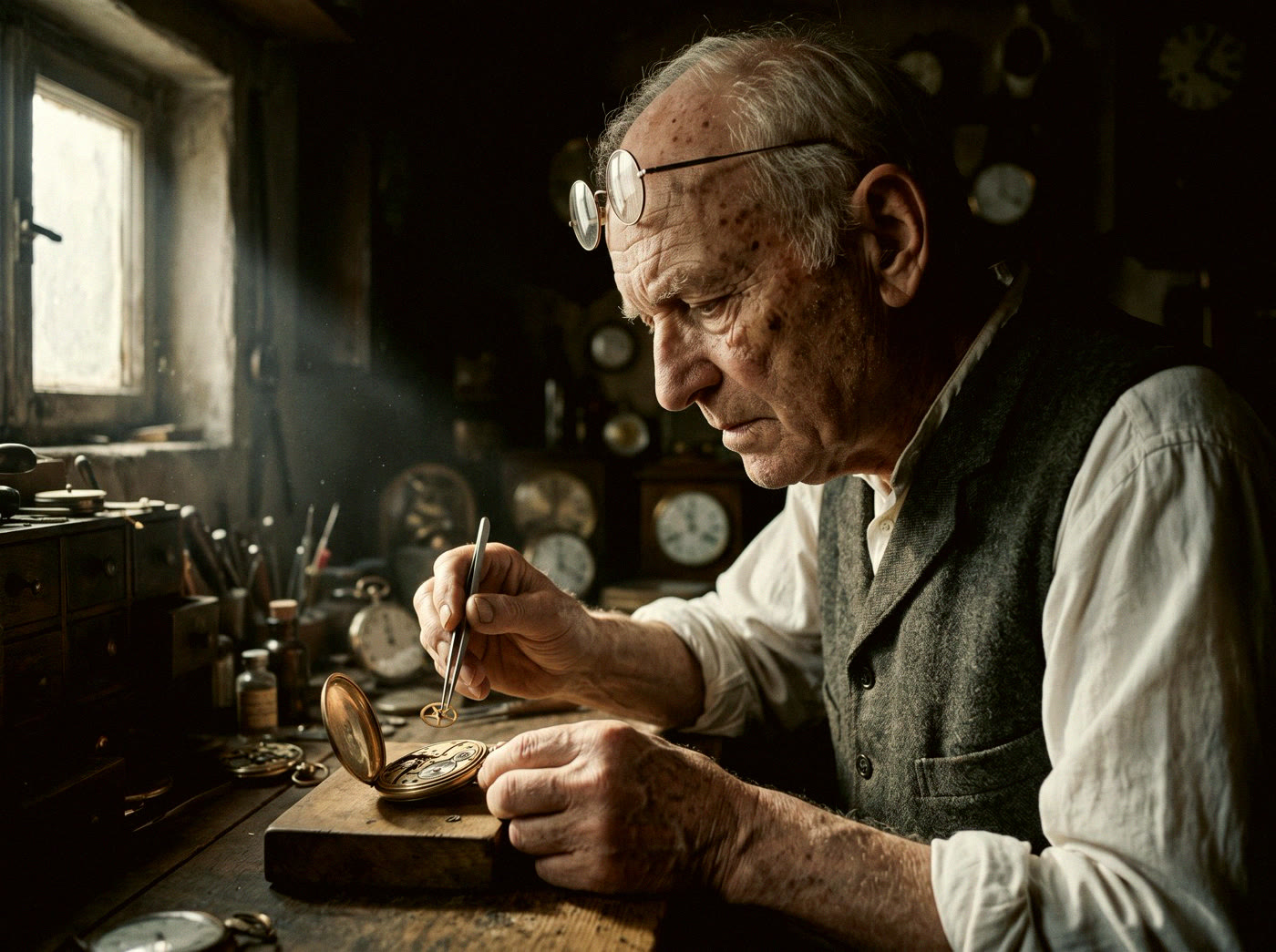A watchmaker at his bench: light falls in a beam from one window on the left, the rest of the room is in shadow