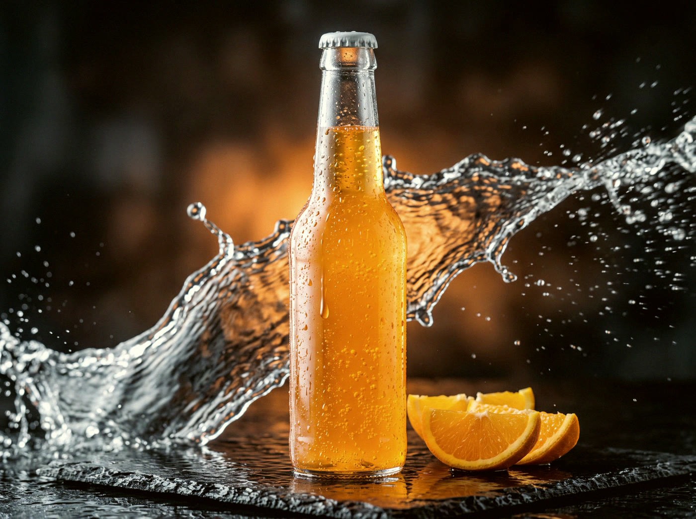 Product ad: a bottle of orange soda and a wave of splashing water