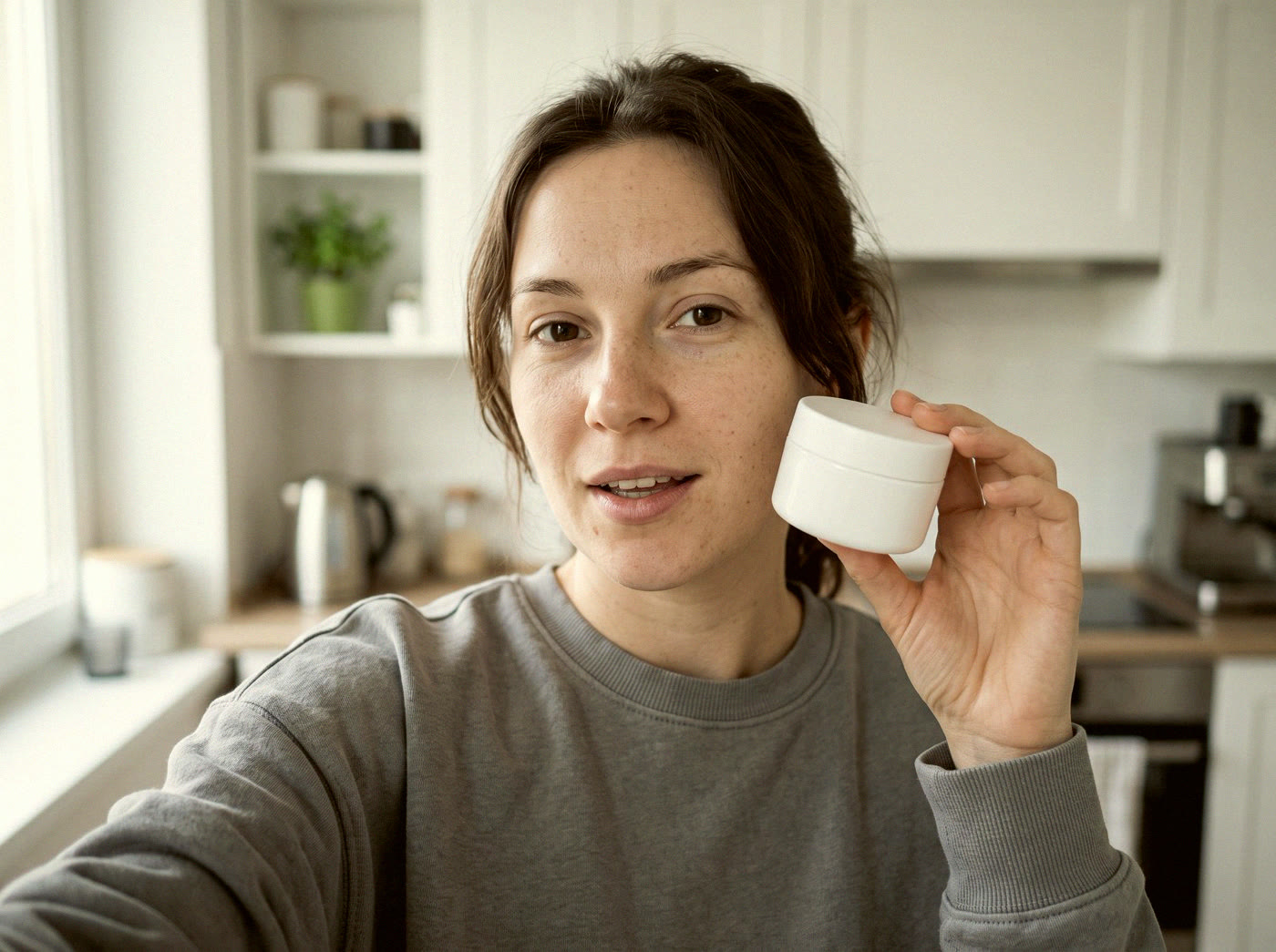 A creator talks to the camera and holds a jar of cream