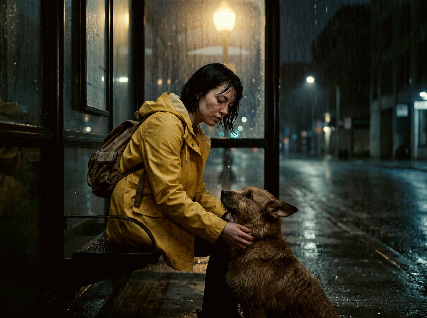A story frame: a girl in a yellow raincoat and a dog at a bus stop in the rain