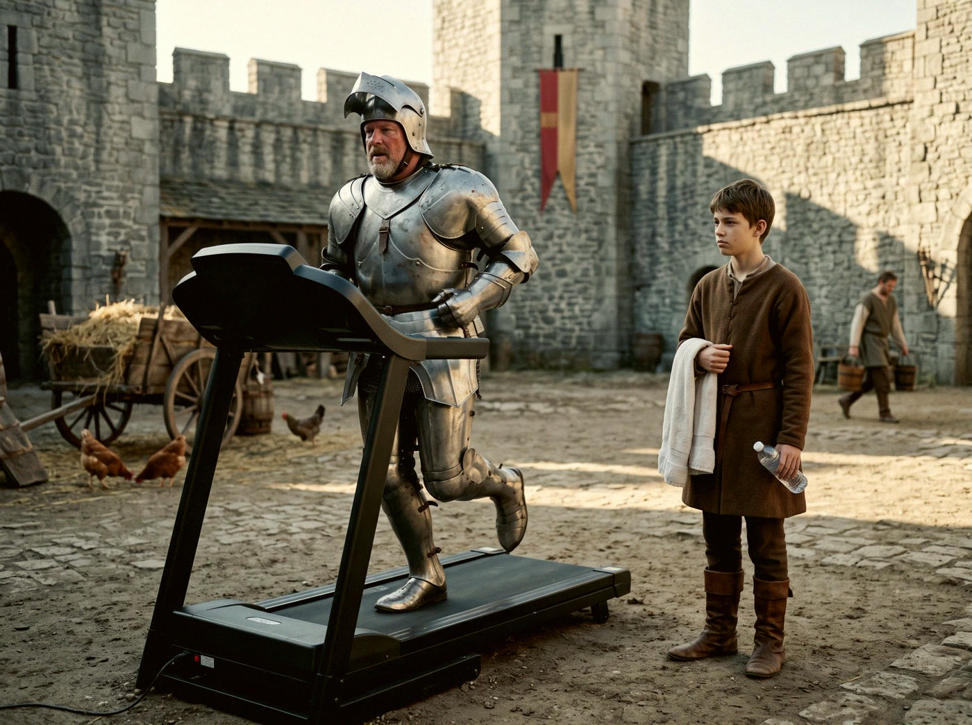 Absurd: a knight in armor runs on a treadmill in a castle courtyard