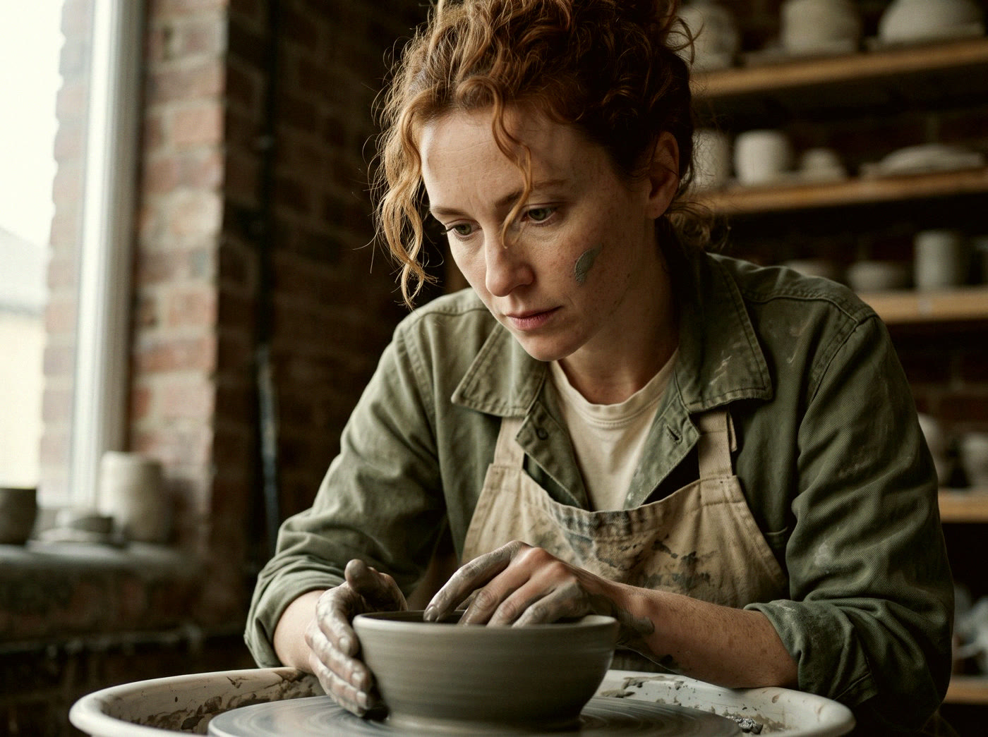 A red-haired woman in a green jacket shapes a bowl on a potter's wheel, close-up