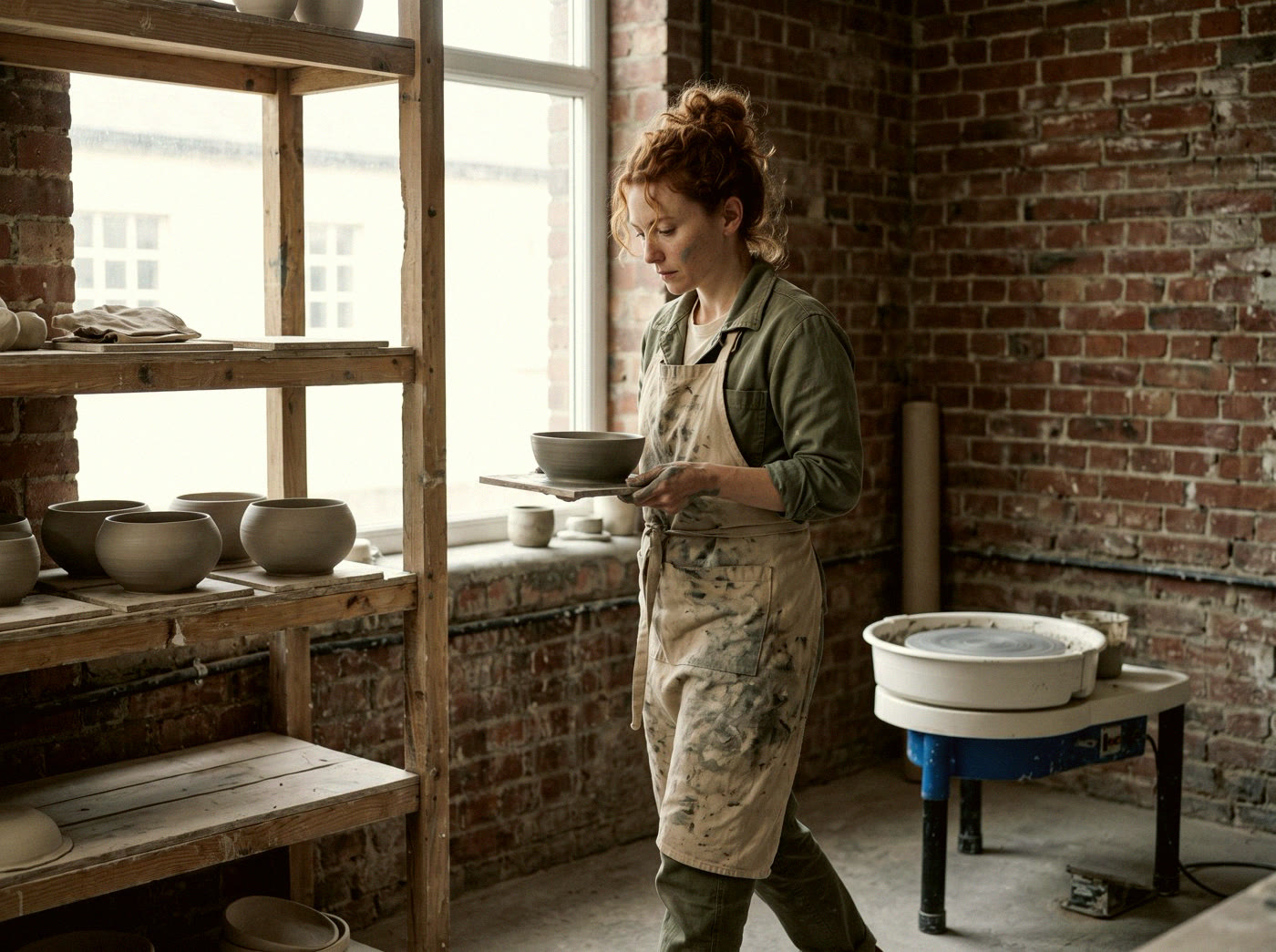 The same woman carries the bowl to the shelves, wide shot of the studio
