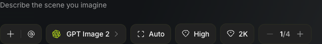 The Image section in Higgsfield: a description field, a model button, aspect ratio and quality